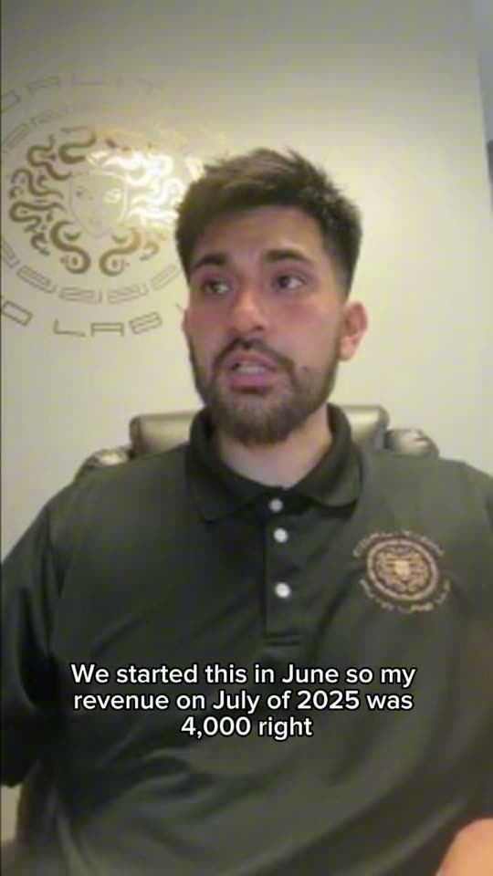 The owner of Coalition Autolab talking to camera about his monthly revenue, captioned on screen.