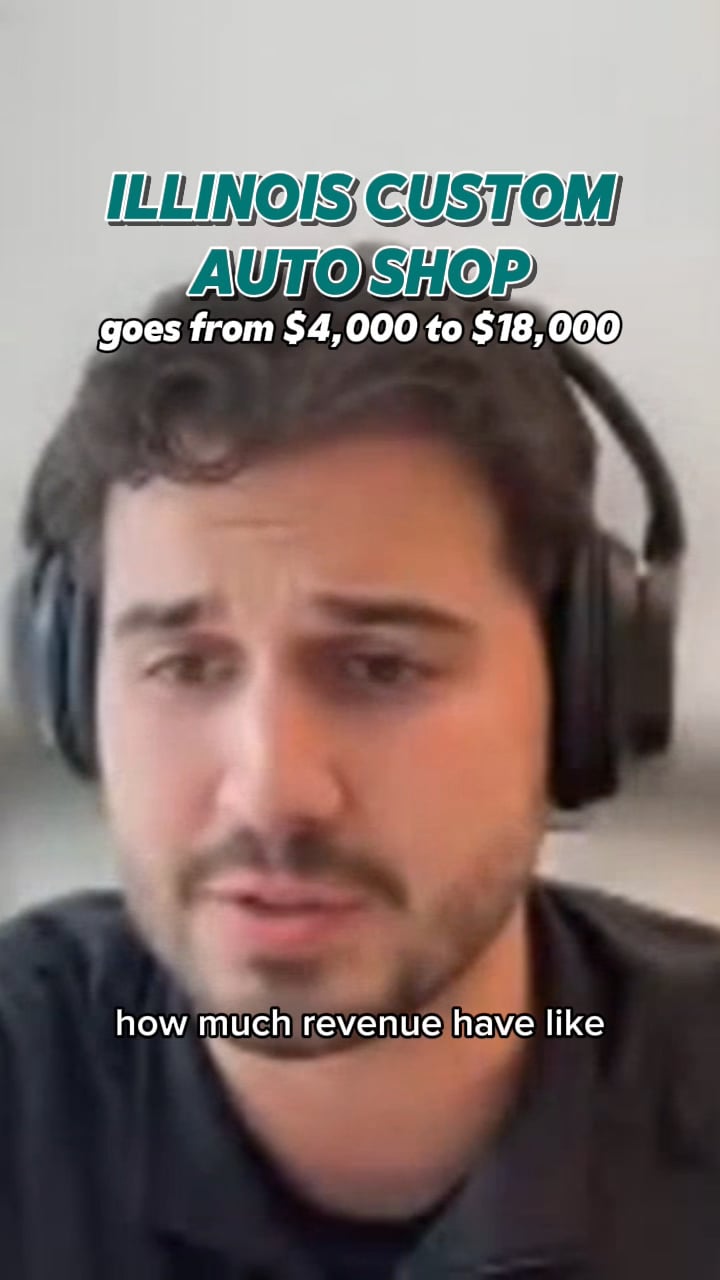 Reel still: the owner of Coalition Autolab on a video call, captioned Illinois custom auto shop goes from $4,000 to $18,000.